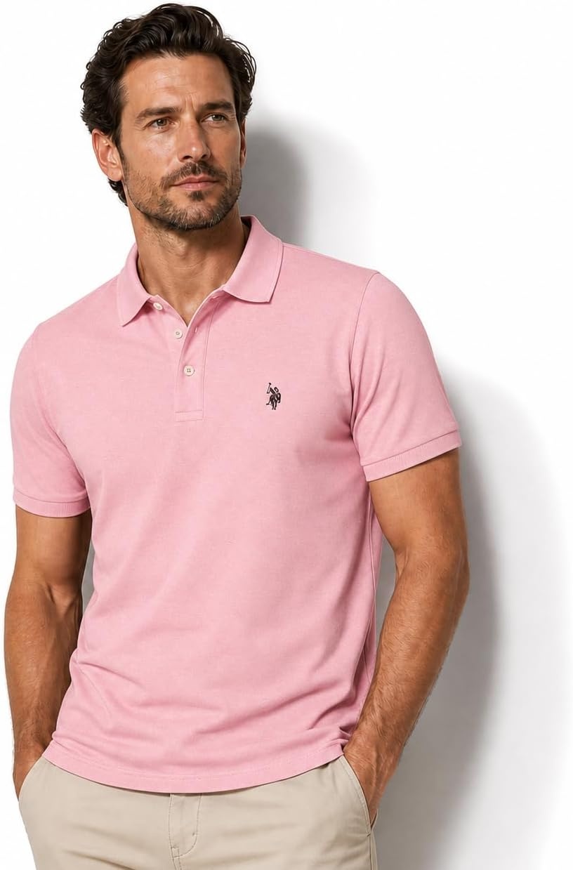 image:imageUS Polo Assn Mens Classic Polo Shirt TwoButton Closure Pique Polo Shirt Summer Fashion Golf ShirtPink Sunset HeatherBlack