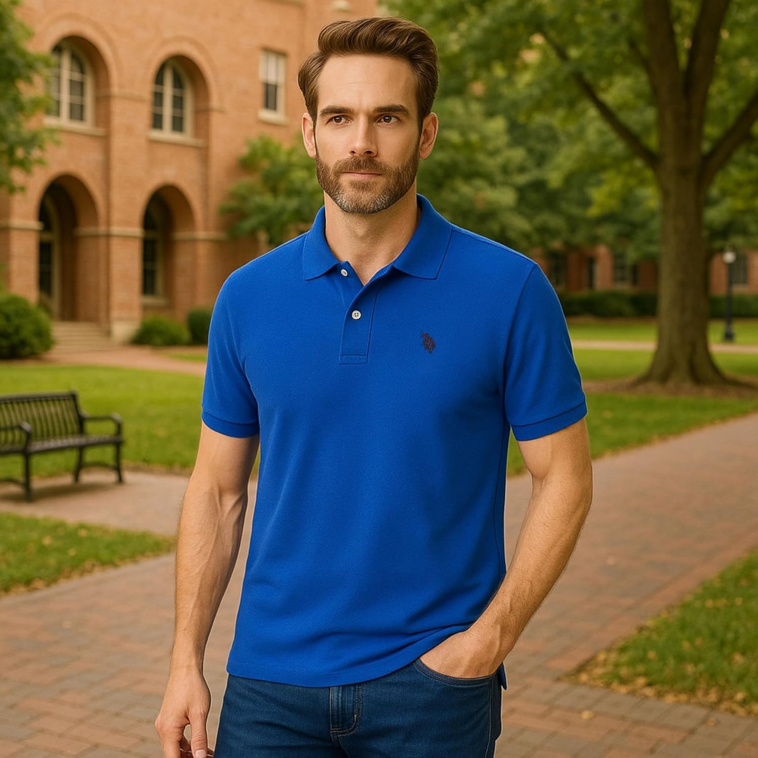 image:imageUS Polo Assn Mens Classic Polo Shirt TwoButton Closure Pique Polo Shirt Summer Fashion Golf ShirtWest Blue