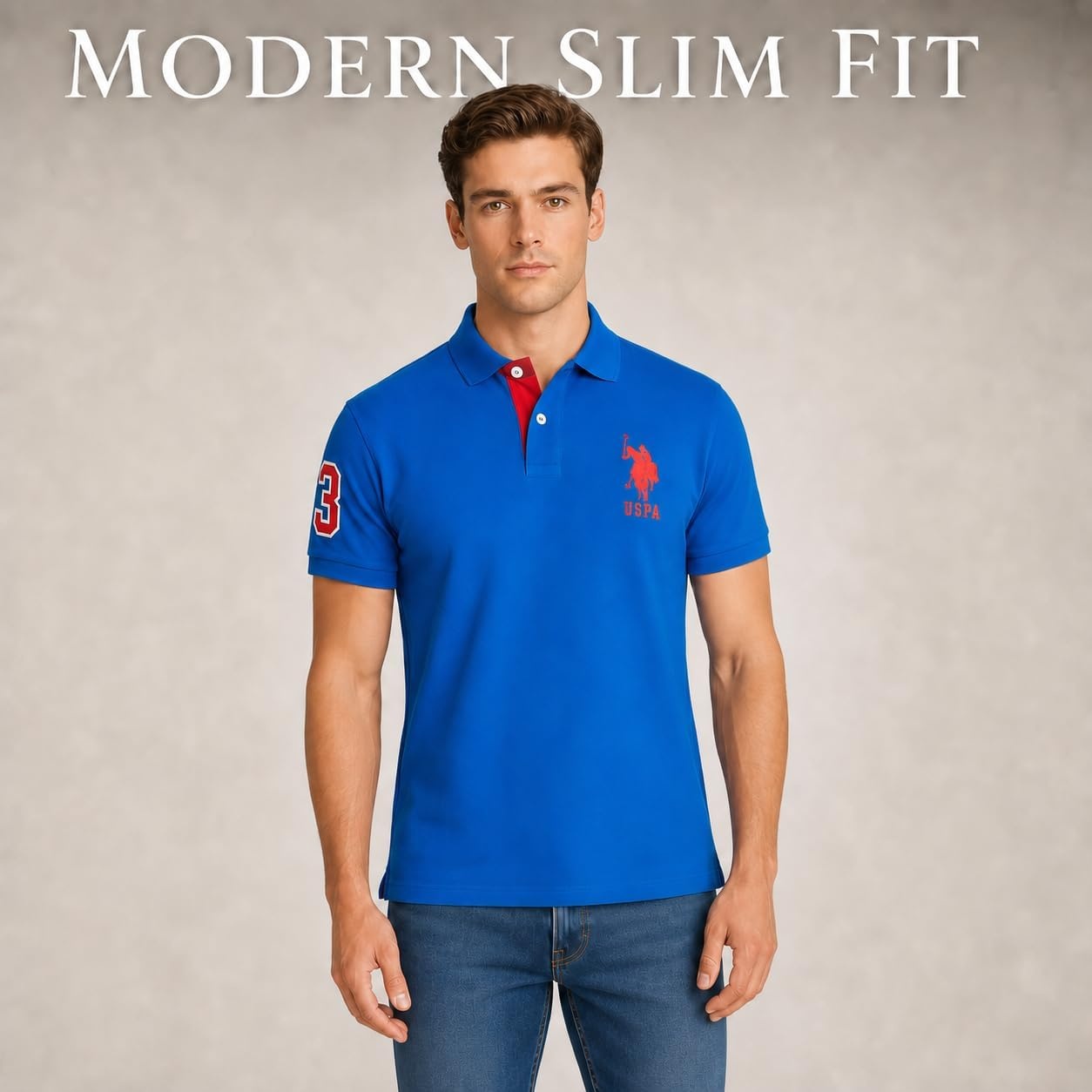 image:imageUS Polo Assn Mens ShortSleeve Polo Shirt with Applique Casual Summer Slim Fit Polo Shirt with Contrast ColorBlue RaftEngine Red