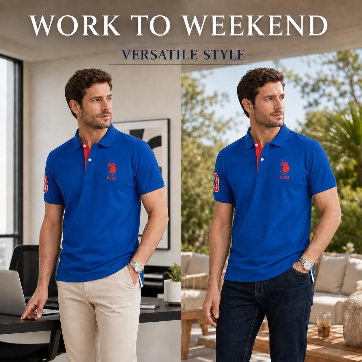 image:imageUS Polo Assn Mens ShortSleeve Polo Shirt with Applique Casual Summer Slim Fit Polo Shirt with Contrast ColorBlue RaftEngine Red
