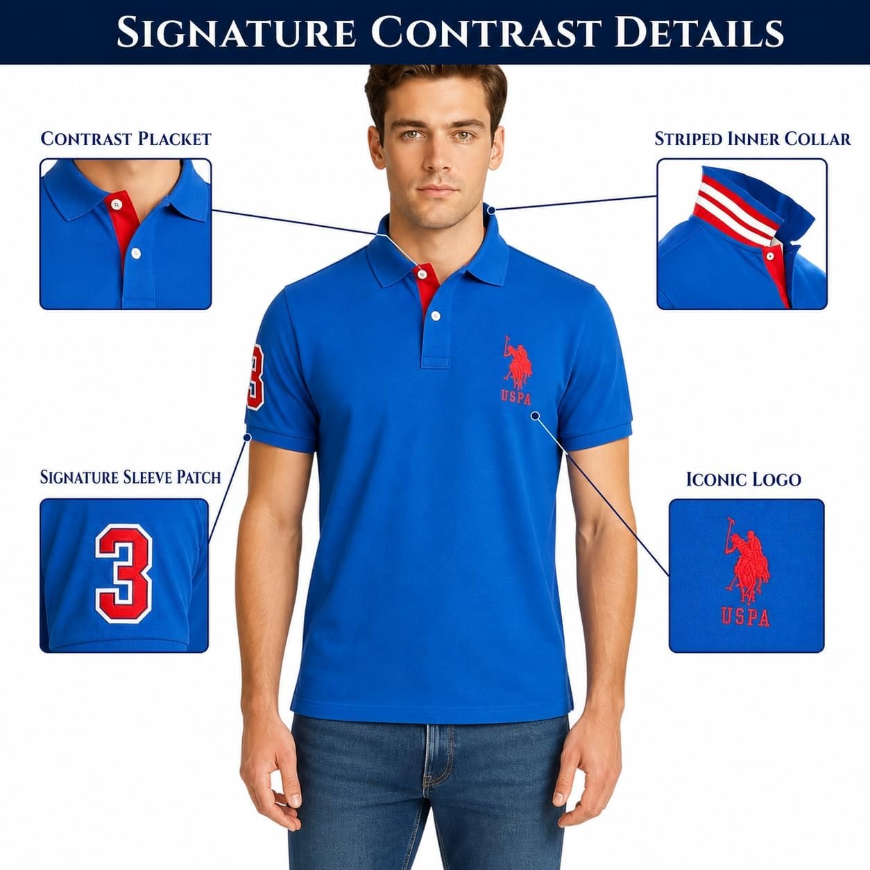 image:imageUS Polo Assn Mens ShortSleeve Polo Shirt with Applique Casual Summer Slim Fit Polo Shirt with Contrast ColorBlue RaftEngine Red