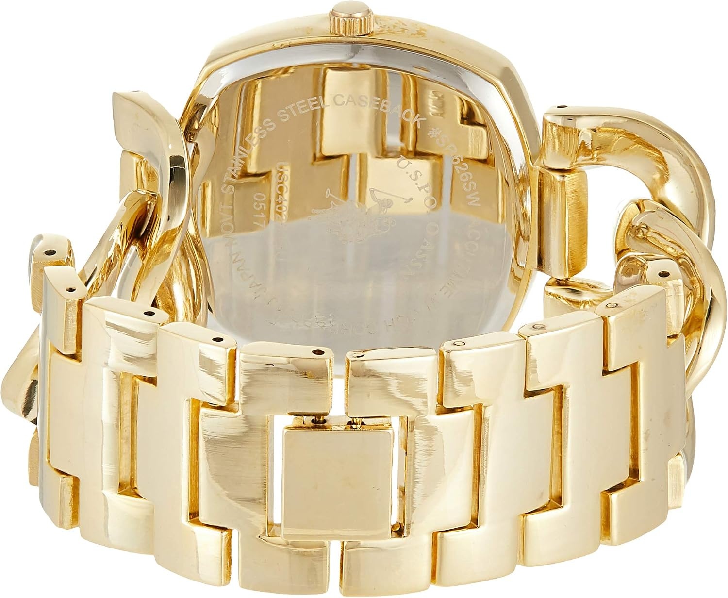 image:imageUS Polo Assn Womens GoldTone Chain Bracelet Watch 38mm Square Case Rhinestone Dial Adjustable Link Strap Elegant Quartz Dress Watch with GiftBox
