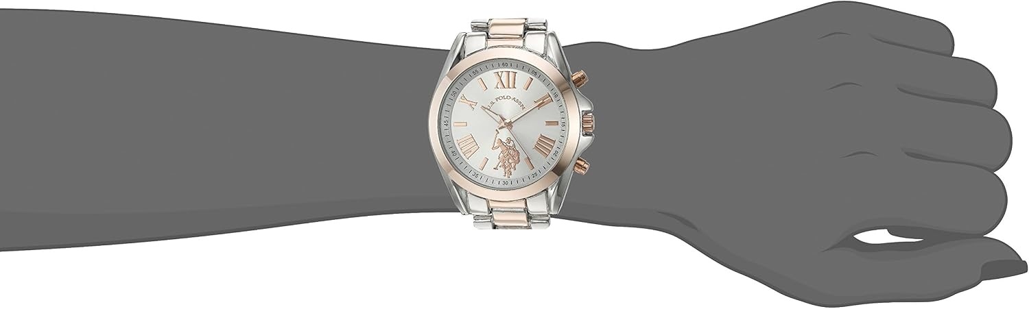 image:imageUS Polo Assn Womens TwoTone Analog Watch Silver Dial with Rose Gold Accents 41mm Metal Case and Alloy Link Bracelet Elegant Quartz Timepiece for Everyday Style