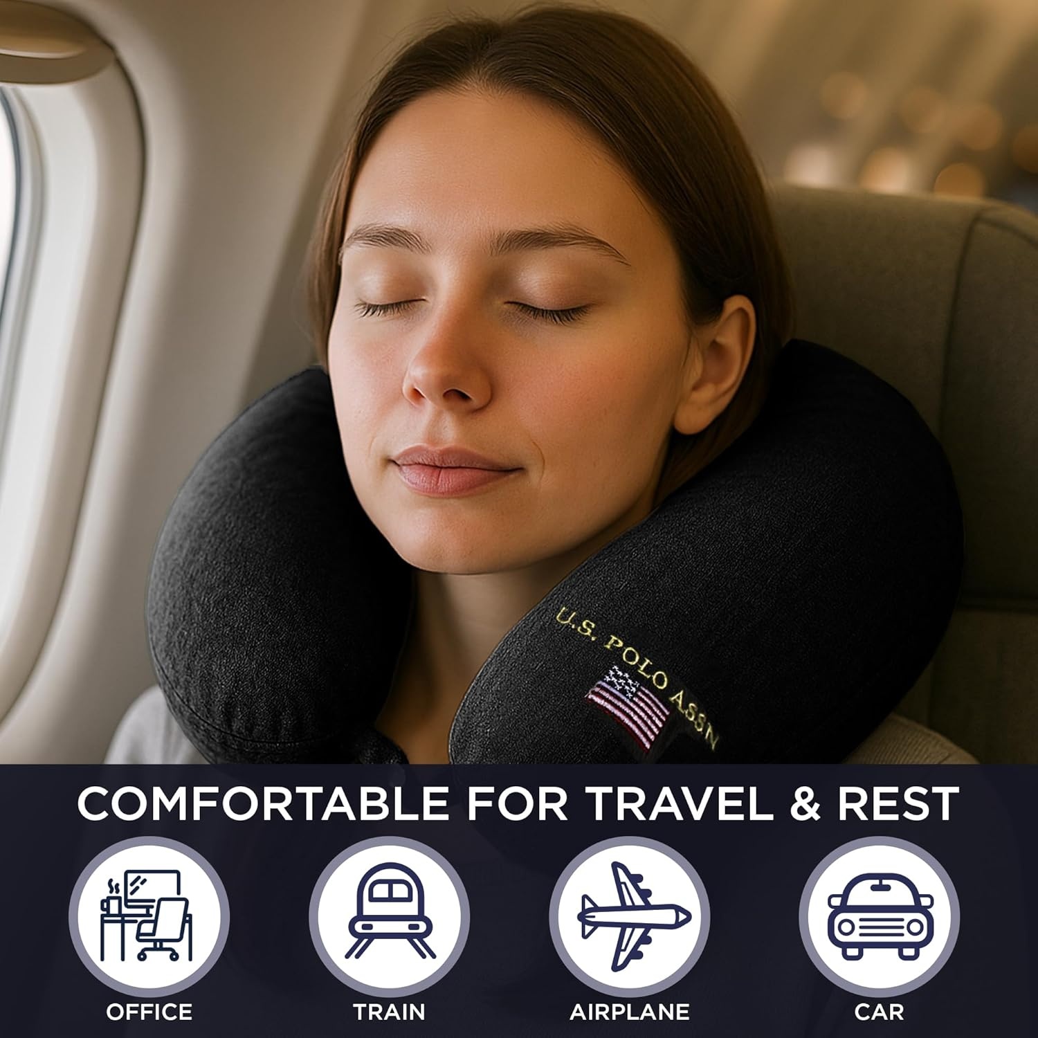 image:imageUS Polo Association Ultra Soft Velvet Velour Plush Memory Foam Travel Neck Pillow BlackBlack