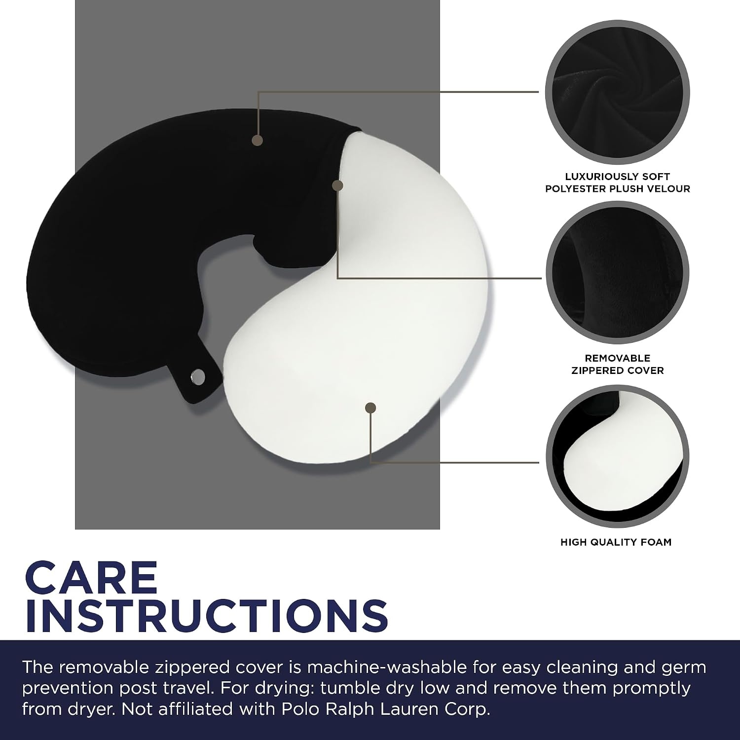 image:imageUS Polo Association Ultra Soft Velvet Velour Plush Memory Foam Travel Neck Pillow BlackBlack
