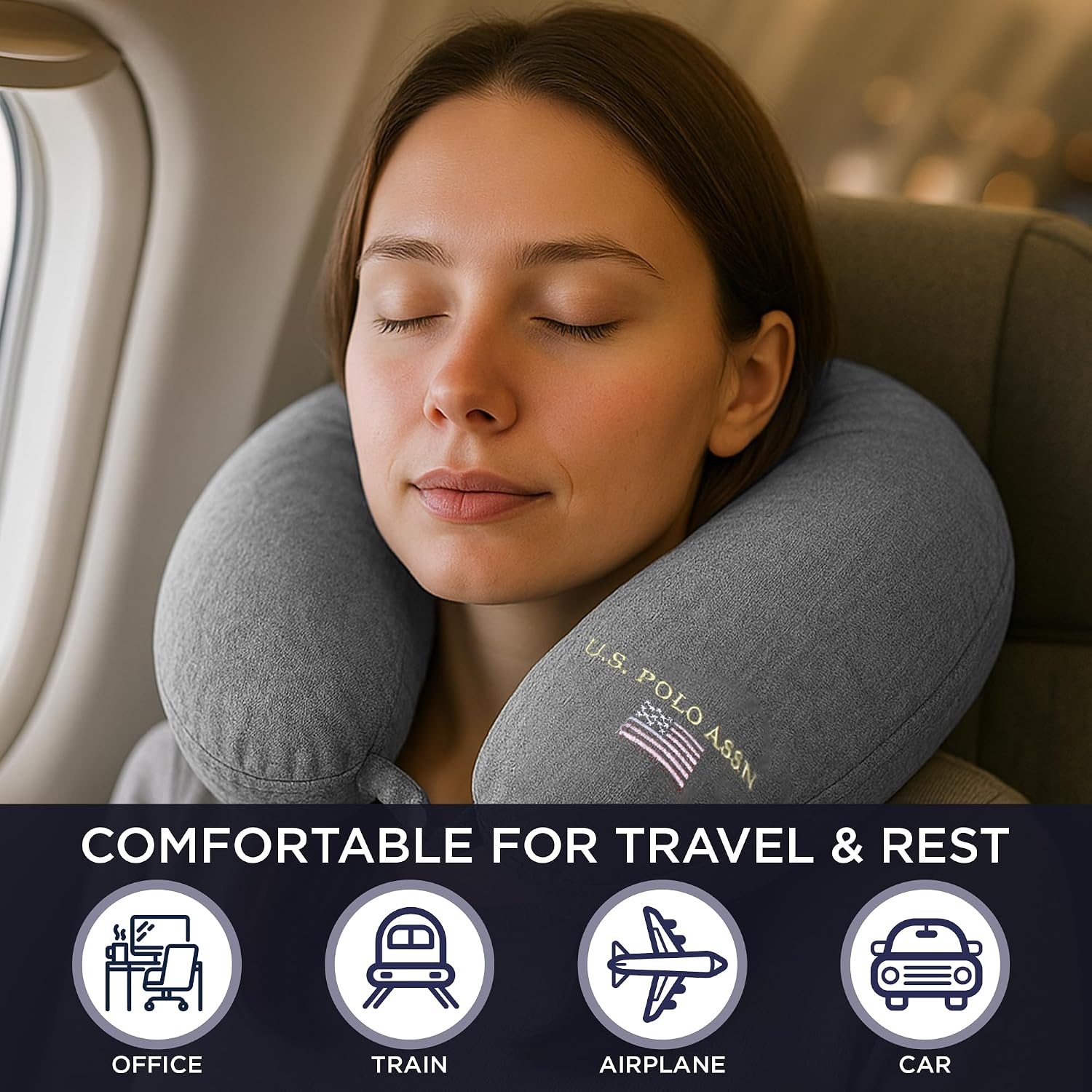 image:imageUS Polo Association Ultra Soft Velvet Velour Plush Memory Foam Travel Neck Pillow BlackCloud Grey