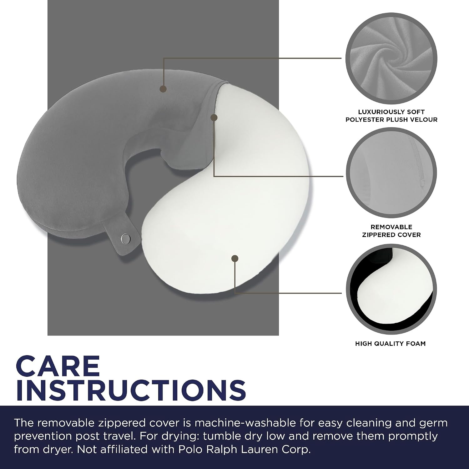 image:imageUS Polo Association Ultra Soft Velvet Velour Plush Memory Foam Travel Neck Pillow BlackCloud Grey