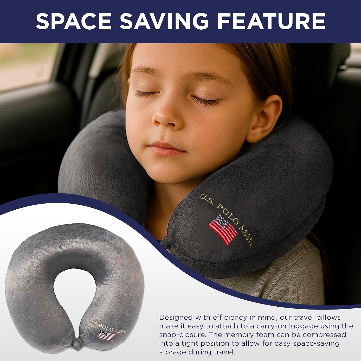 image:imageUS Polo Association Ultra Soft Velvet Velour Plush Memory Foam Travel Neck Pillow BlackCloud Grey
