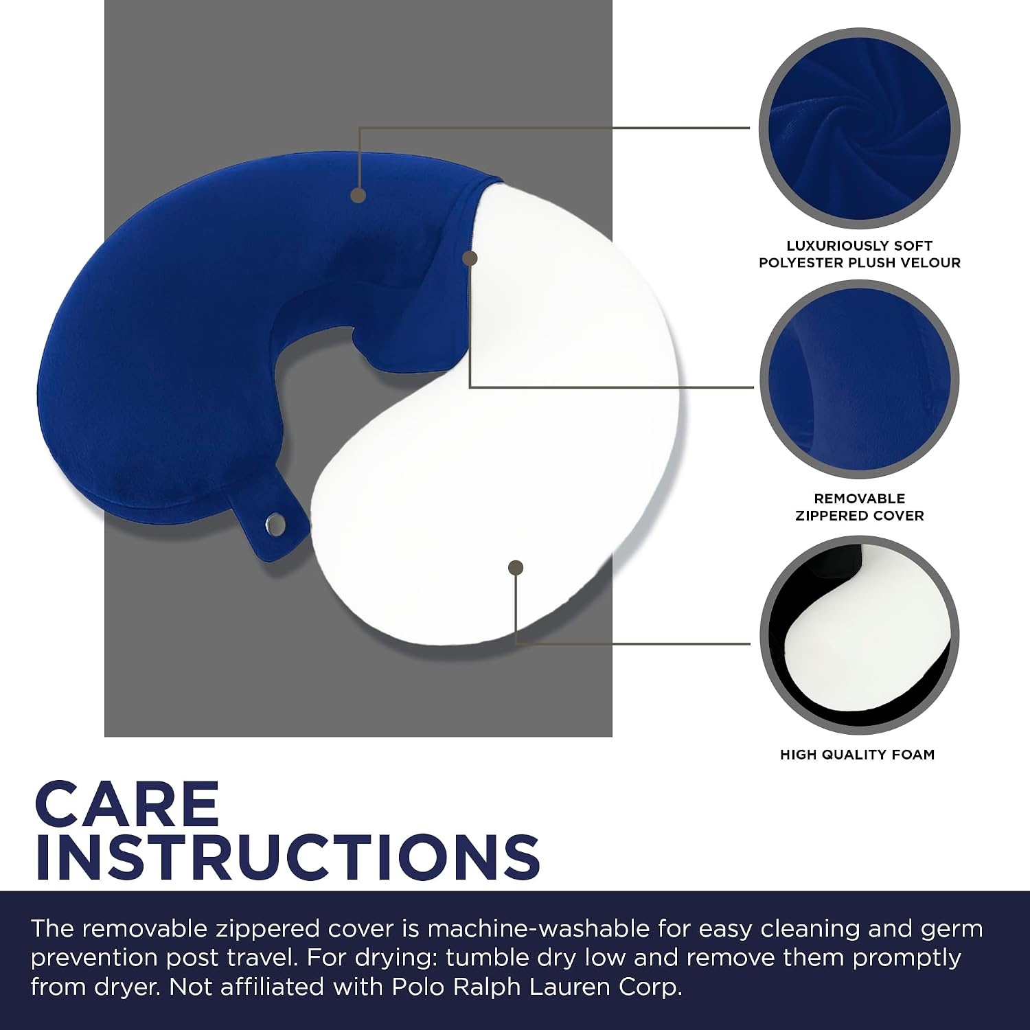 image:imageUS Polo Association Ultra Soft Velvet Velour Plush Memory Foam Travel Neck Pillow BlackNavy