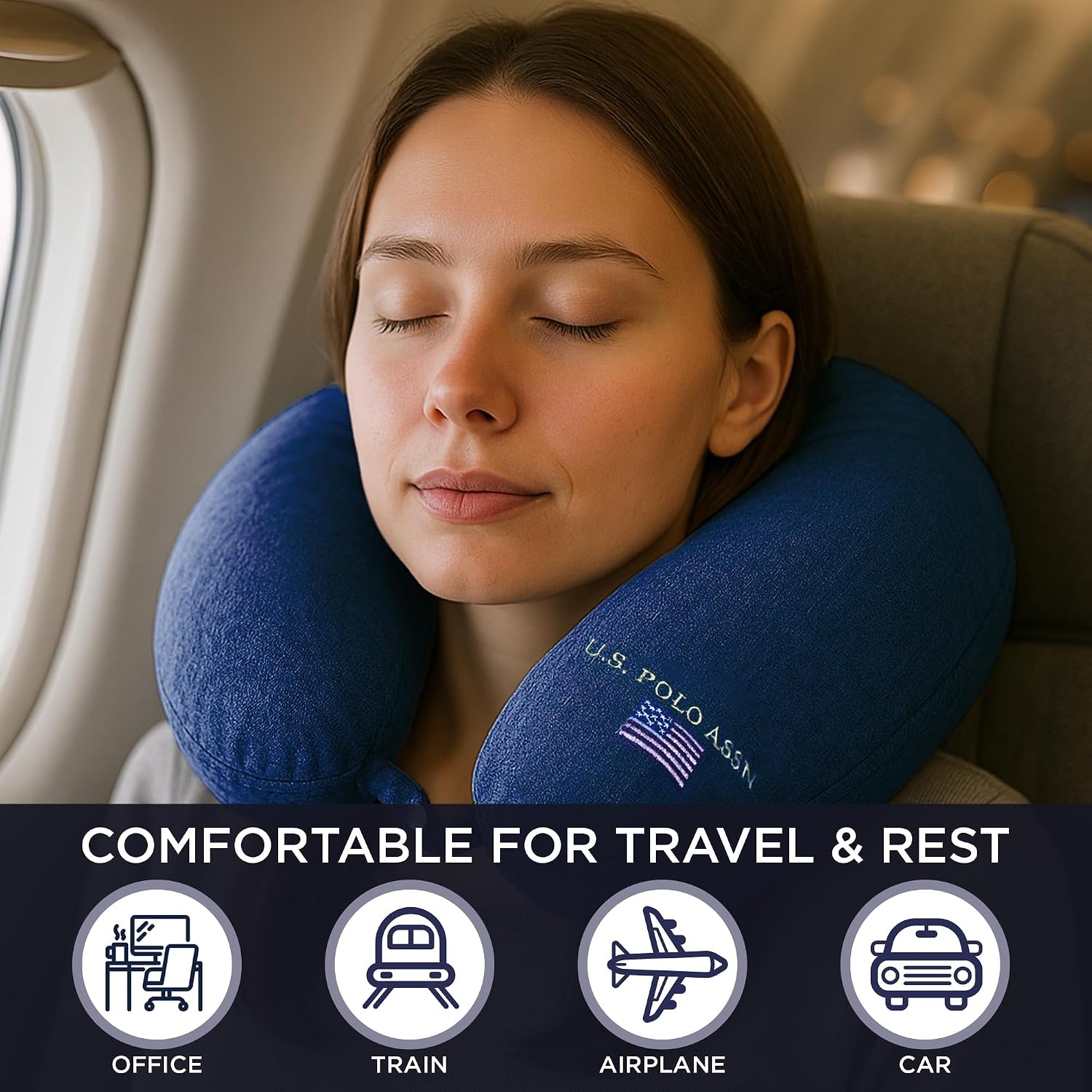 image:imageUS Polo Association Ultra Soft Velvet Velour Plush Memory Foam Travel Neck Pillow BlackNavy