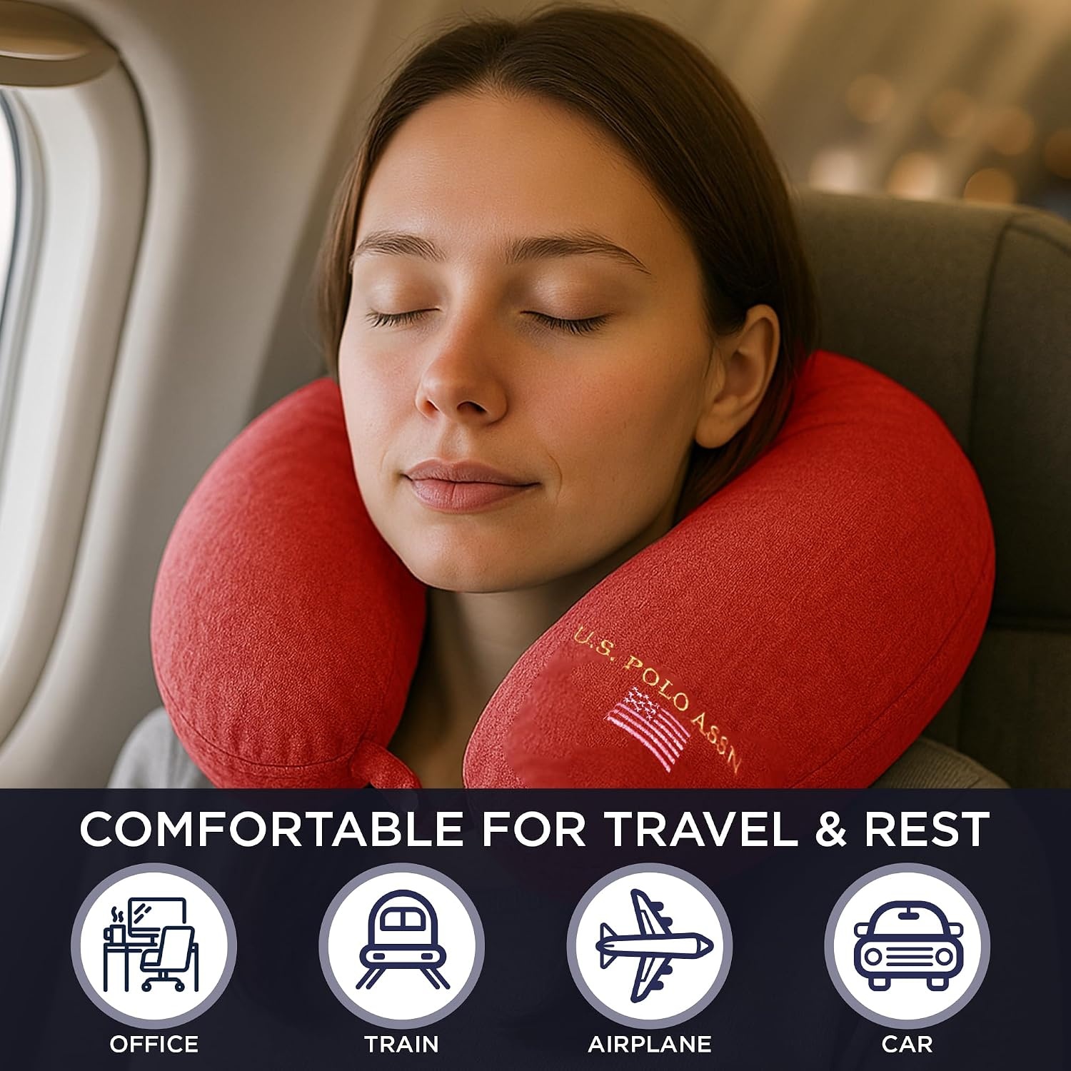image:imageUS Polo Association Ultra Soft Velvet Velour Plush Memory Foam Travel Neck Pillow BlackRed