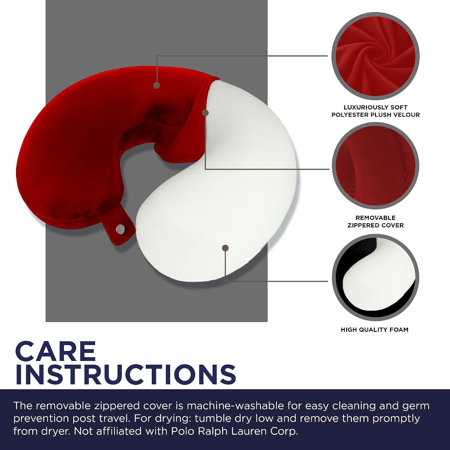 image:imageUS Polo Association Ultra Soft Velvet Velour Plush Memory Foam Travel Neck Pillow BlackRed