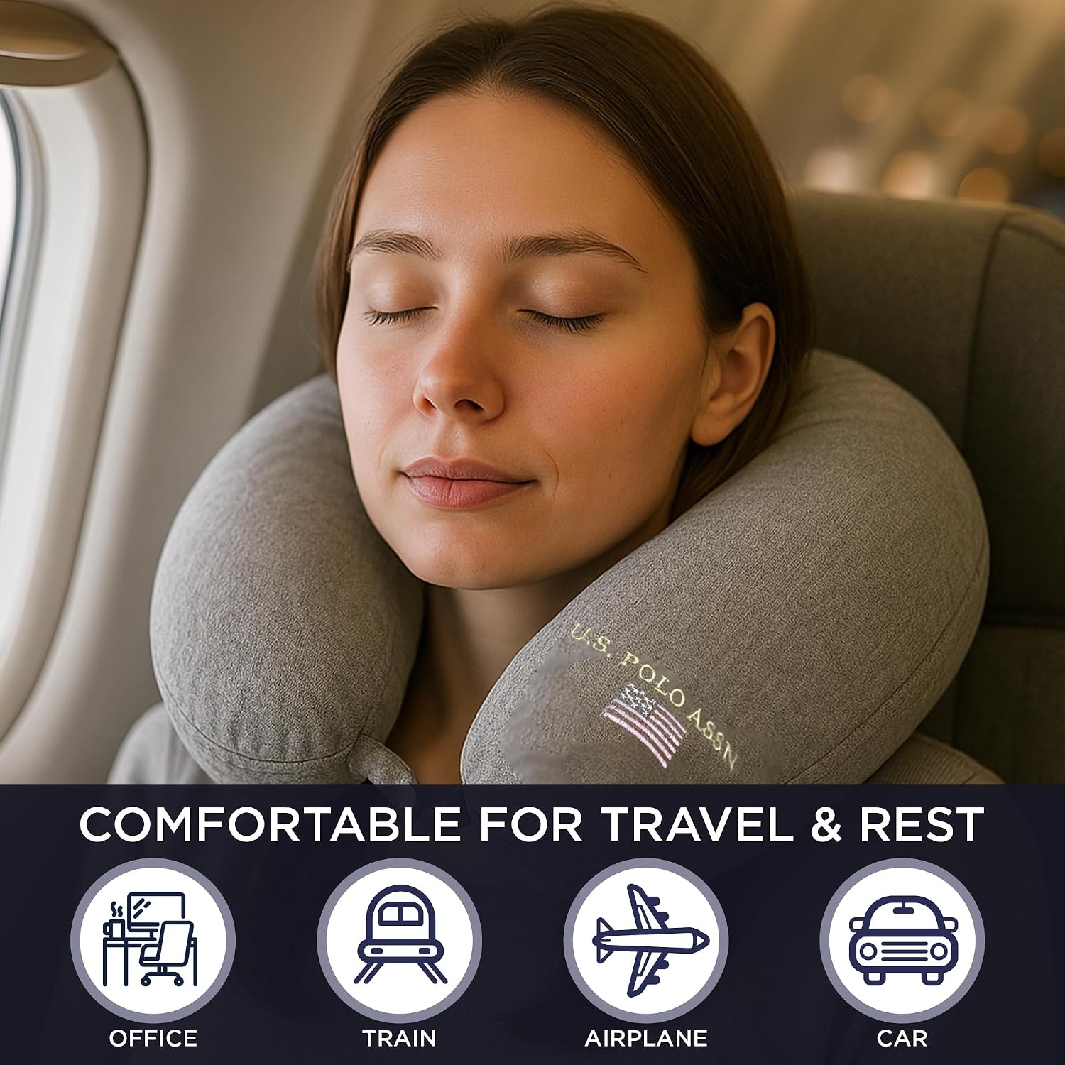 image:imageUS Polo Association Ultra Soft Velvet Velour Plush Memory Foam Travel Neck Pillow BlackSilver