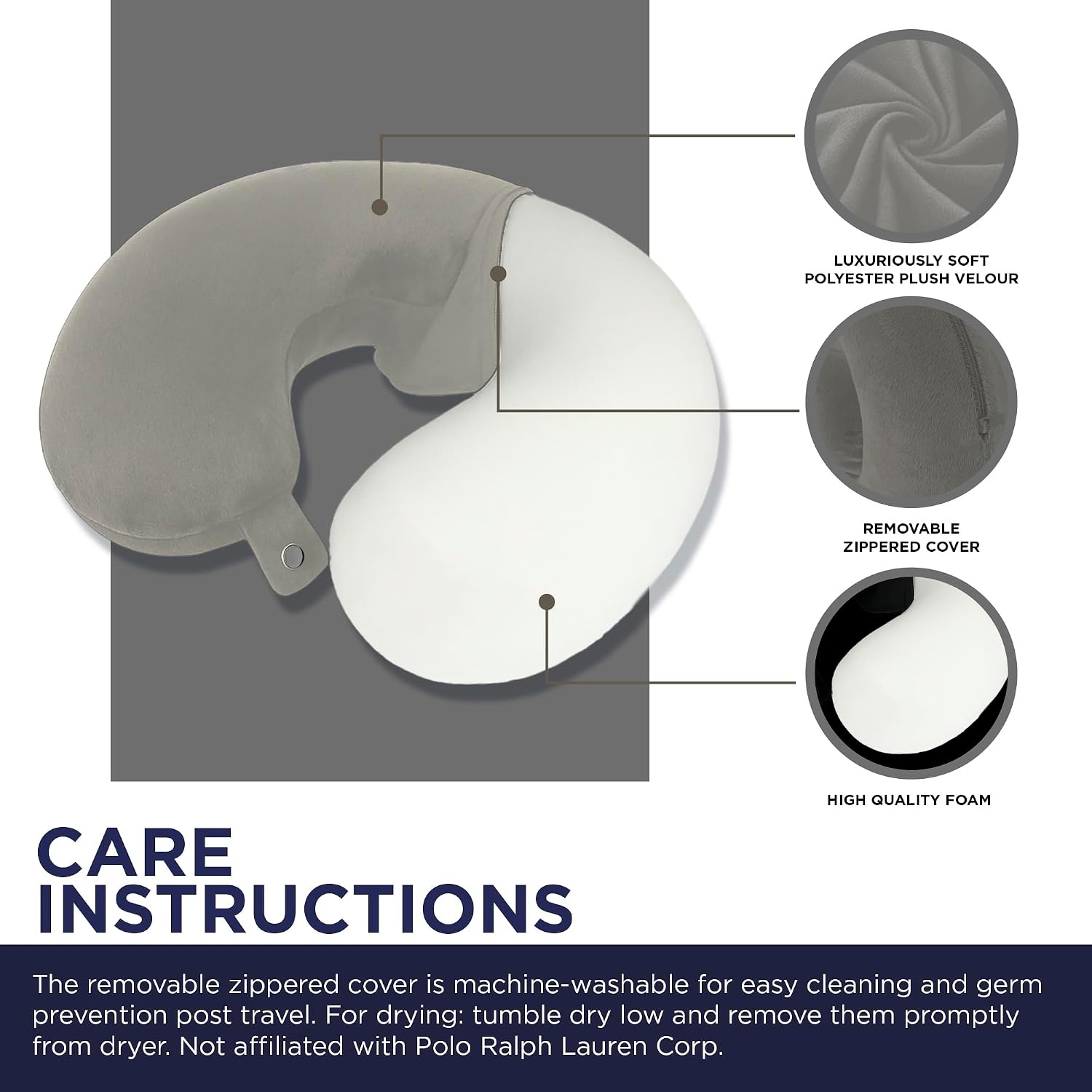 image:imageUS Polo Association Ultra Soft Velvet Velour Plush Memory Foam Travel Neck Pillow BlackSilver