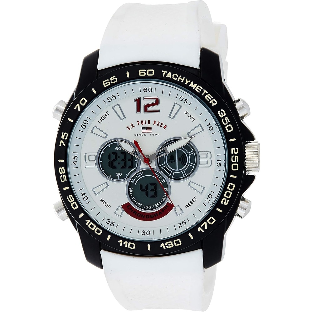 image:imageUS Polo Assn Mens Chronograph Sport Watch AnaDigital Display with Tachymeter Bezel Dual Time Stopwatch amp Alarm White Silicone Strap 46mm Case Fits Wrists 55 to 8