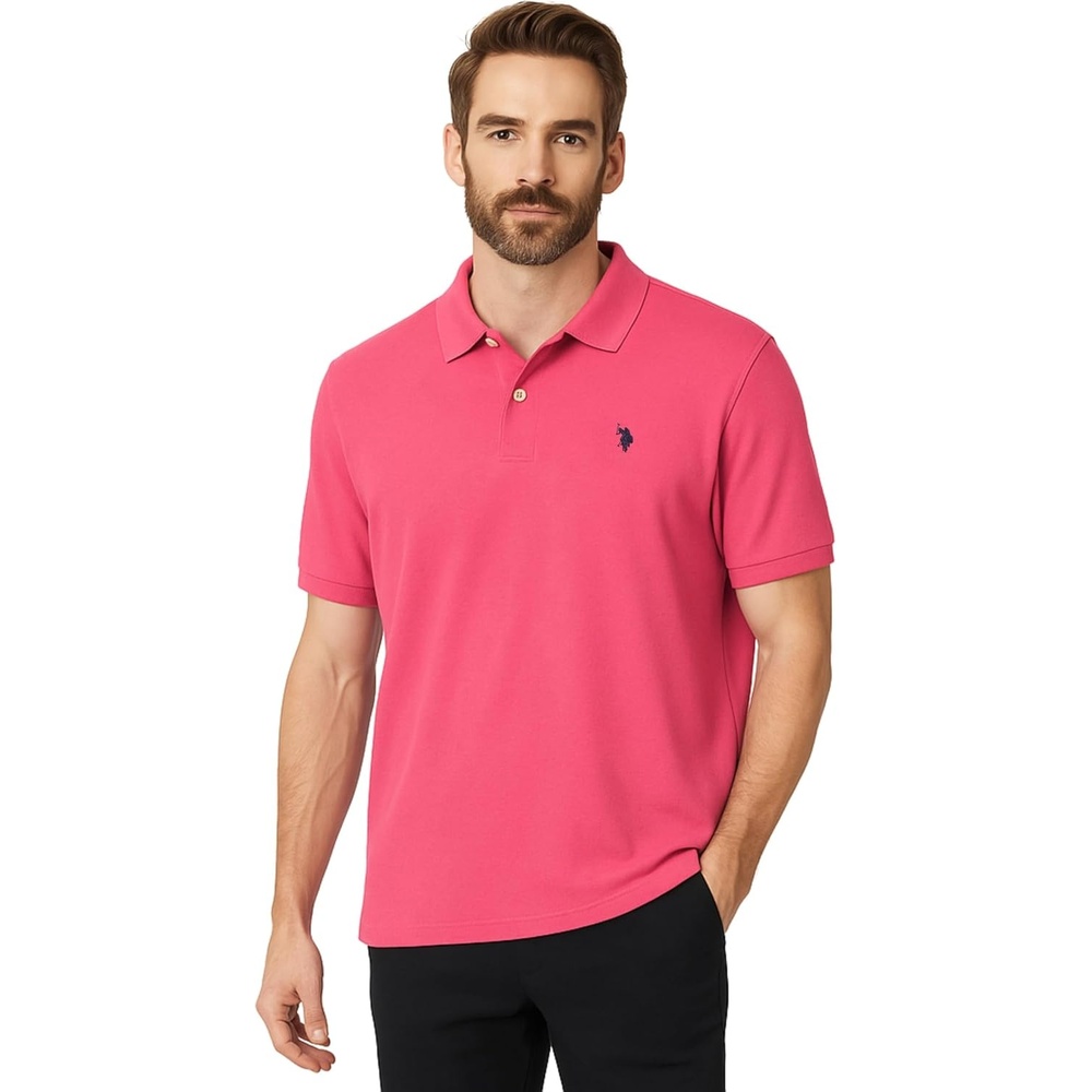 image:imageUS Polo Assn Mens Classic Polo Shirt TwoButton Closure Pique Polo Shirt Summer Fashion Golf ShirtPink Moon
