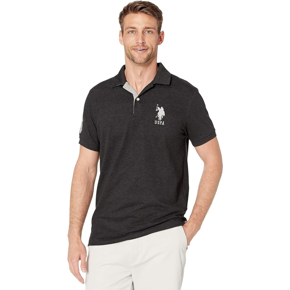 image:imageUS Polo Assn Mens ShortSleeve Polo Shirt with Applique Casual Summer Slim Fit Polo Shirt with Contrast ColorBlack Heather6543