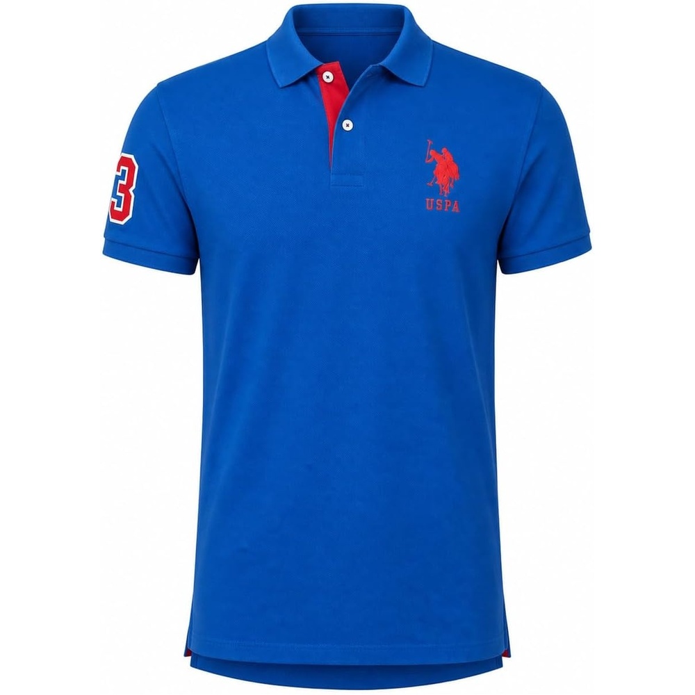 image:imageUS Polo Assn Mens ShortSleeve Polo Shirt with Applique Casual Summer Slim Fit Polo Shirt with Contrast ColorBlue RaftEngine Red