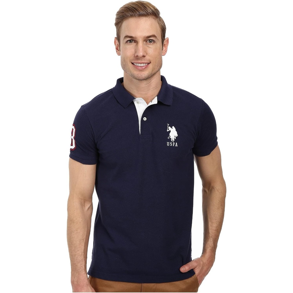 image:imageUS Polo Assn Mens ShortSleeve Polo Shirt with Applique Casual Summer Slim Fit Polo Shirt with Contrast ColorClassic NavyWhite