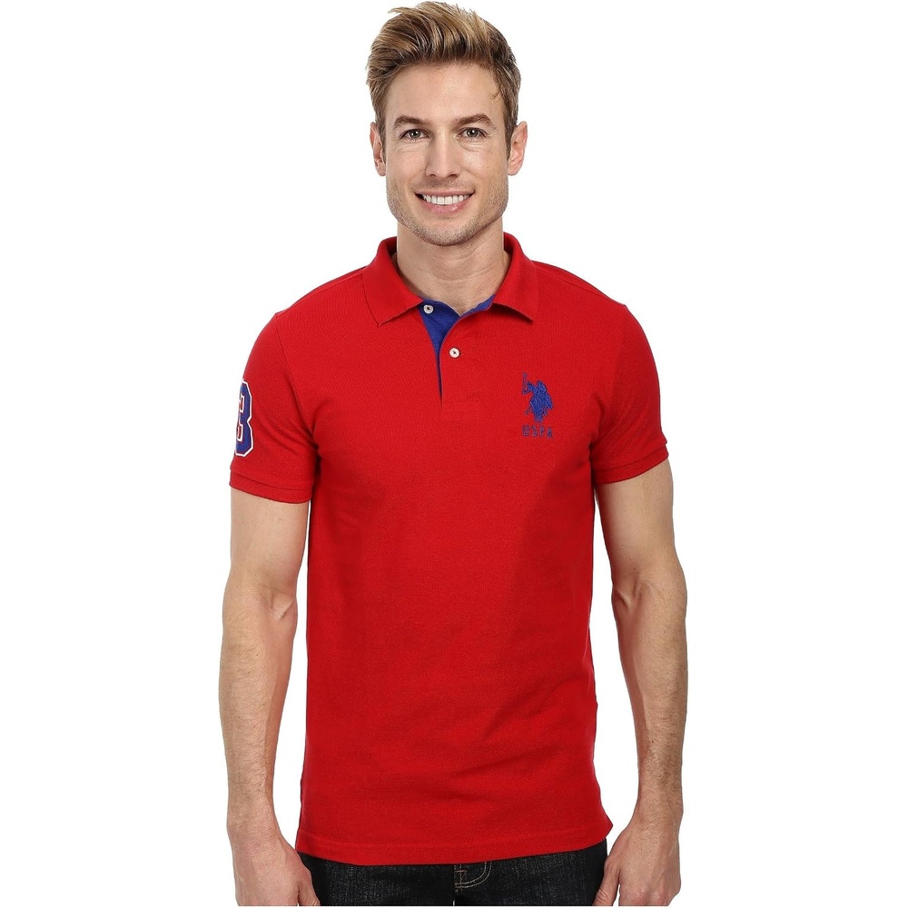 image:imageUS Polo Assn Mens ShortSleeve Polo Shirt with Applique Casual Summer Slim Fit Polo Shirt with Contrast ColorEngine RedInternational Blue