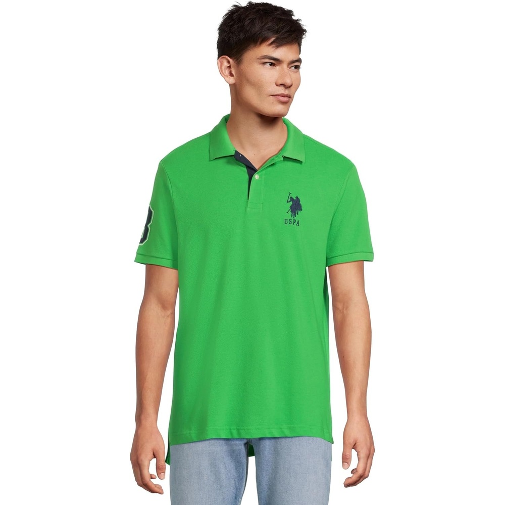 image:imageUS Polo Assn Mens ShortSleeve Polo Shirt with Applique Casual Summer Slim Fit Polo Shirt with Contrast ColorGreen Lawn