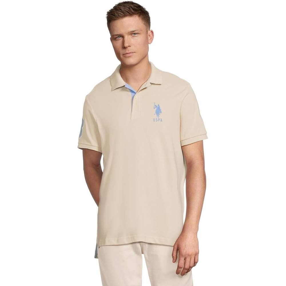 image:imageUS Polo Assn Mens ShortSleeve Polo Shirt with Applique Casual Summer Slim Fit Polo Shirt with Contrast ColorOyster Sand