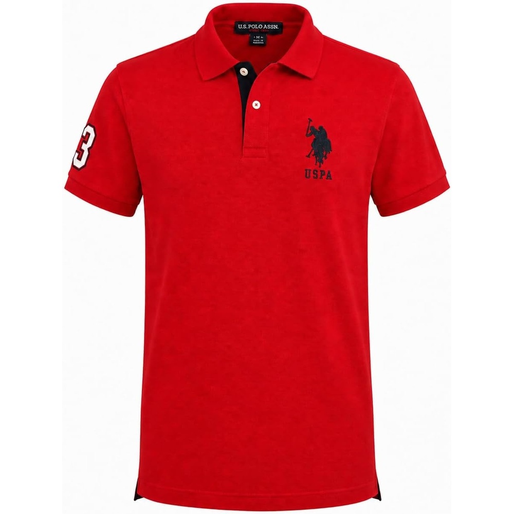 image:imageUS Polo Assn Mens ShortSleeve Polo Shirt with Applique Casual Summer Slim Fit Polo Shirt with Contrast ColorRed