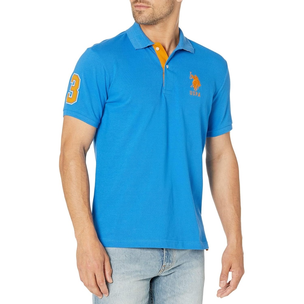 image:imageUS Polo Assn Mens ShortSleeve Polo Shirt with Applique Casual Summer Slim Fit Polo Shirt with Contrast ColorSonic Blue