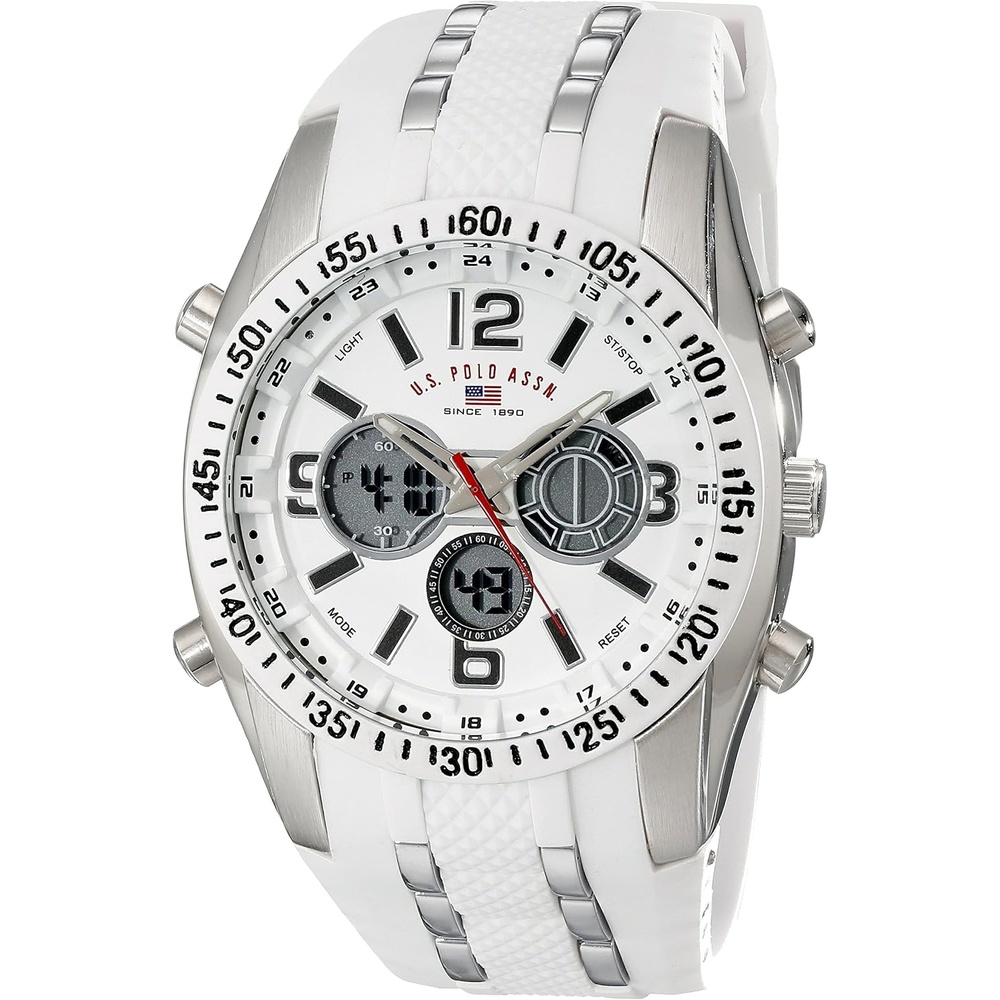 image:imageUS Polo Assn Mens Sport Watch with AnalogDigital Display Silicone Band with Silver Links 44mm Metal Case Alarm Backlight Dual Time Buckle Closure