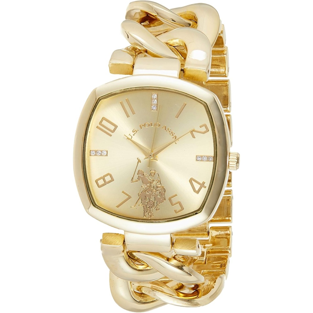 image:imageUS Polo Assn Womens GoldTone Chain Bracelet Watch  38mm Square Case Rhinestone Dial Adjustable Link Strap Elegant Quartz Dress Watch with GiftBox