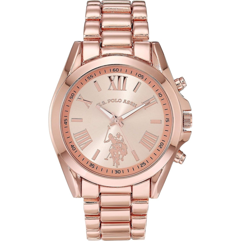 image:imageUS Polo Assn Womens Rose Gold ChronographStyle Watch Polished Finish with Roman Numerals Durable Metal Bracelet and Quartz Movement for Stylish Everyday Wear