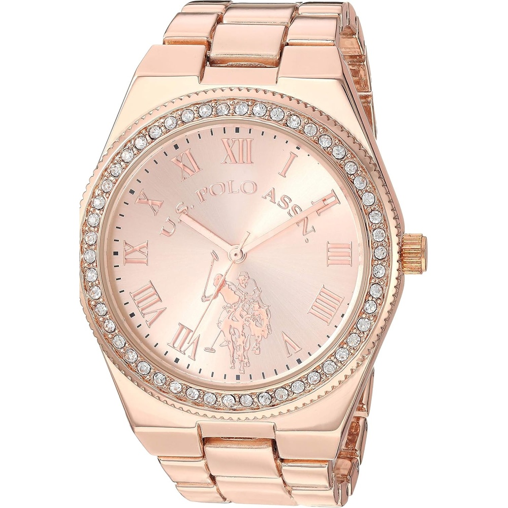 image:imageUS Polo Assn Womens Rose Gold Watch with Roman Numerals and Crystal Bezel Accent Elegant Analog Quartz Timepiece with Polished Link Bracelet Fits Wrists 558