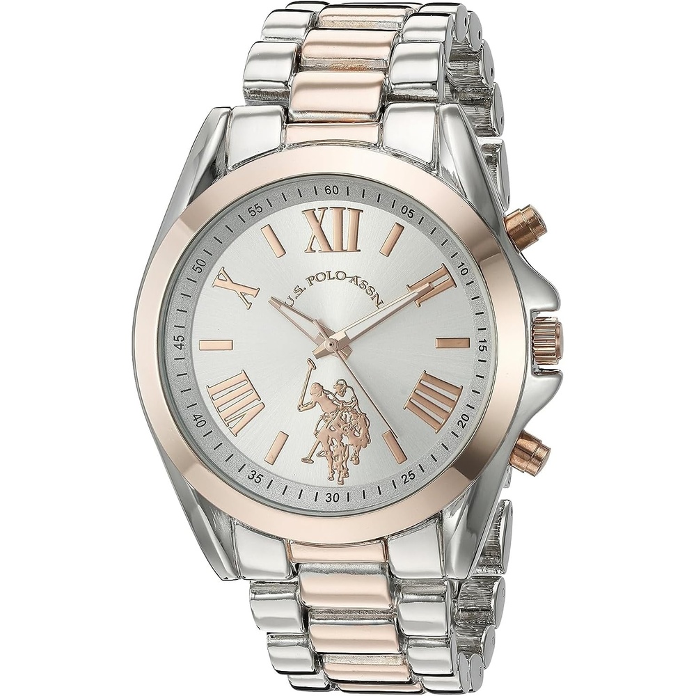 image:imageUS Polo Assn Womens TwoTone Analog Watch Silver Dial with Rose Gold Accents 41mm Metal Case and Alloy Link Bracelet Elegant Quartz Timepiece for Everyday Style