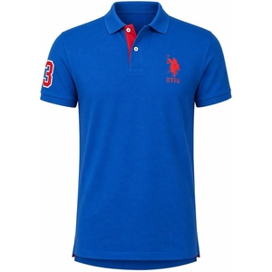 U.S. Polo Assn. Men’s Short-Sleeve Polo Shirt with Applique, Casual Summer Slim Fit Polo Shirt with Contrast Color(Blue Raft/Engine Red)