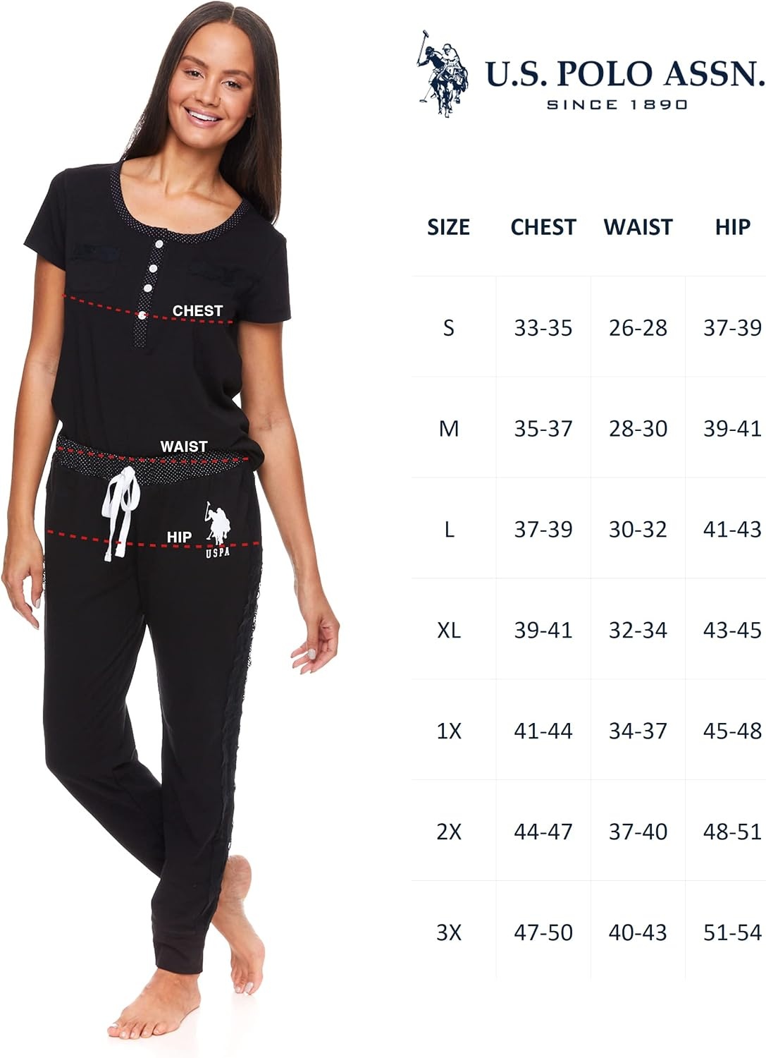 image:imageUS POLO ASSN Cotton Pajamas for Women Set Short Sleeve Henley Top and Jogger PantsBlack