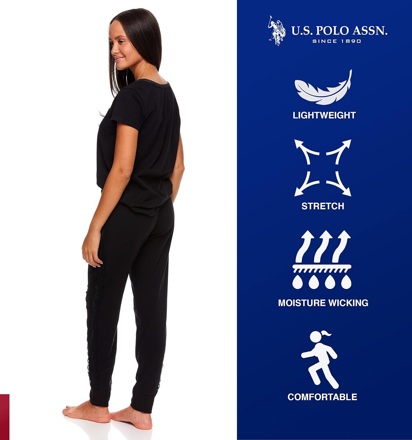 image:imageUS POLO ASSN Cotton Pajamas for Women Set Short Sleeve Henley Top and Jogger PantsBlack