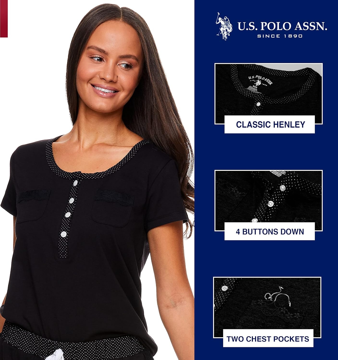 image:imageUS POLO ASSN Cotton Pajamas for Women Set Short Sleeve Henley Top and Jogger PantsBlack