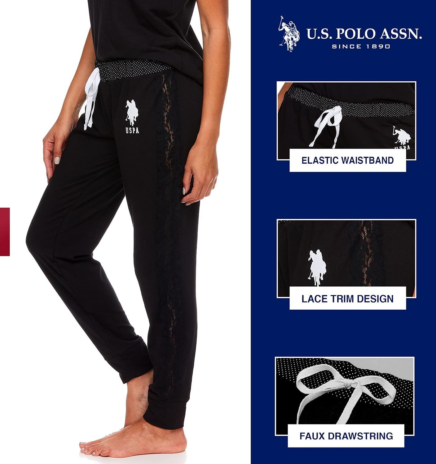 image:imageUS POLO ASSN Cotton Pajamas for Women Set Short Sleeve Henley Top and Jogger PantsBlack