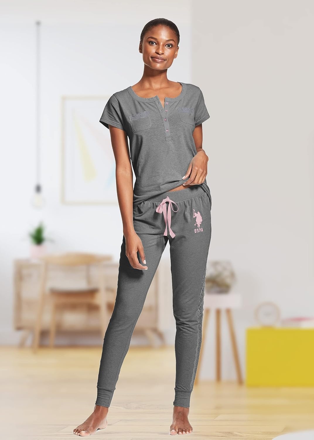 image:imageUS POLO ASSN Cotton Pajamas for Women Set Short Sleeve Henley Top and Jogger PantsCharcoal Heather
