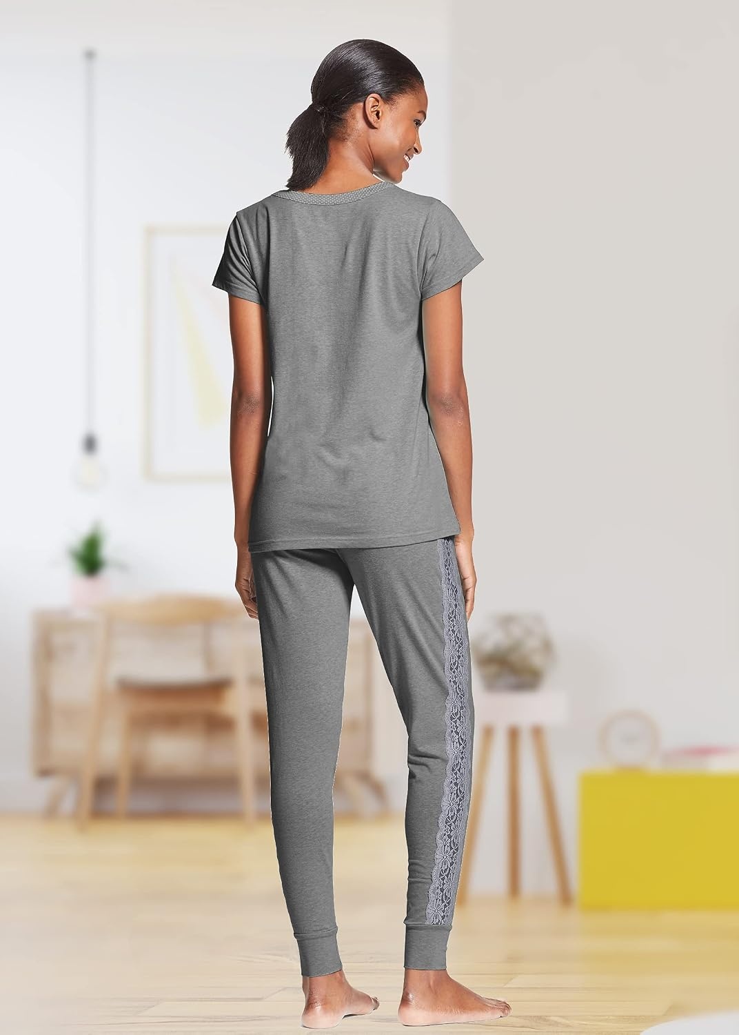 image:imageUS POLO ASSN Cotton Pajamas for Women Set Short Sleeve Henley Top and Jogger PantsCharcoal Heather