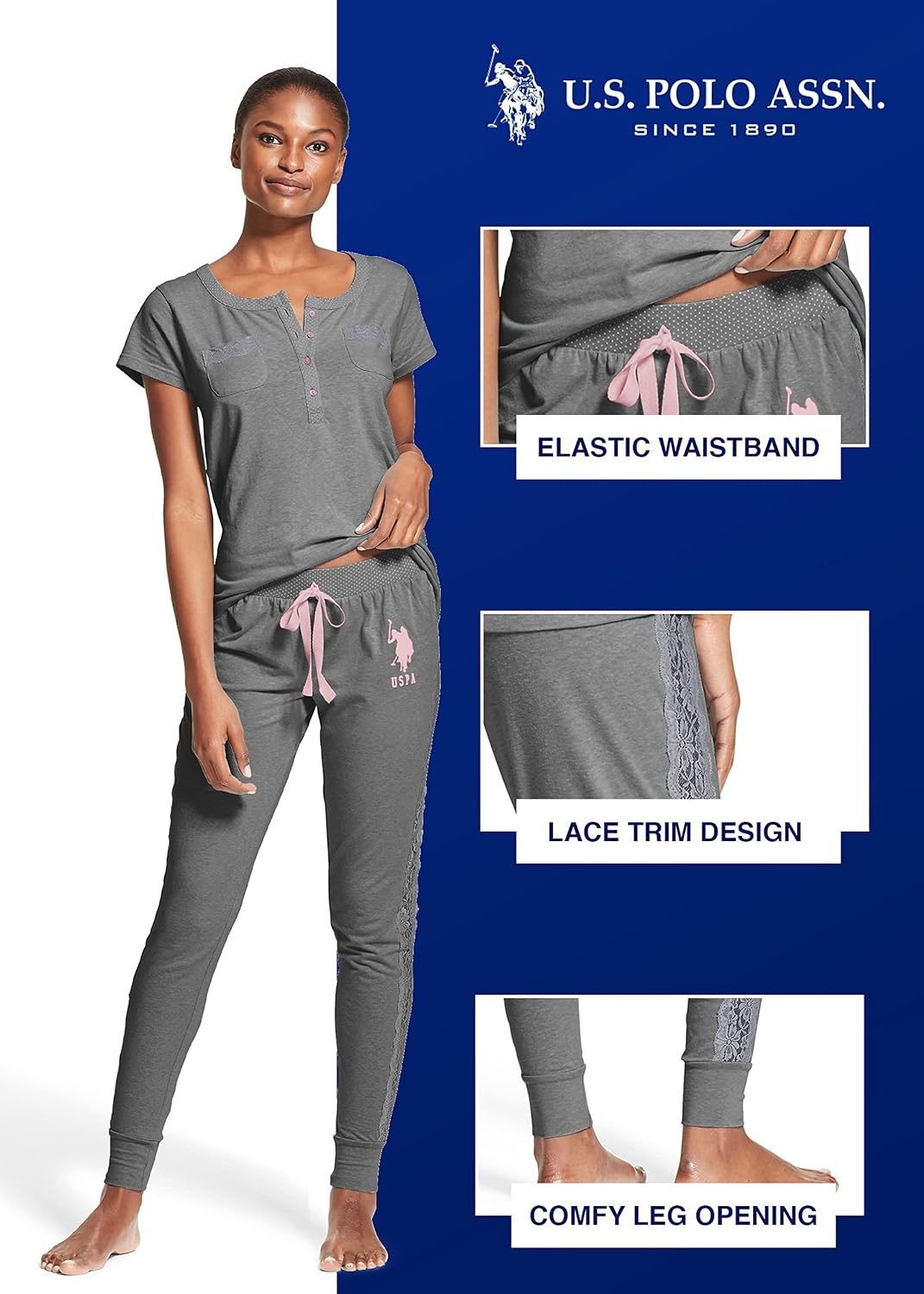 image:imageUS POLO ASSN Cotton Pajamas for Women Set Short Sleeve Henley Top and Jogger PantsCharcoal Heather
