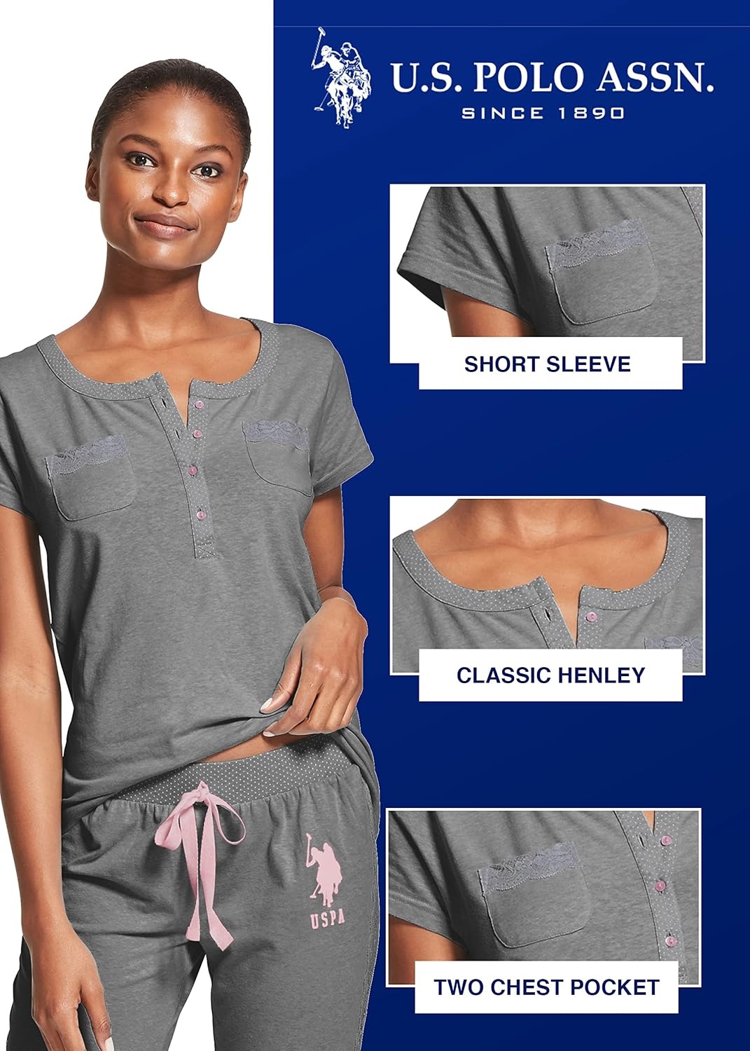 image:imageUS POLO ASSN Cotton Pajamas for Women Set Short Sleeve Henley Top and Jogger PantsCharcoal Heather