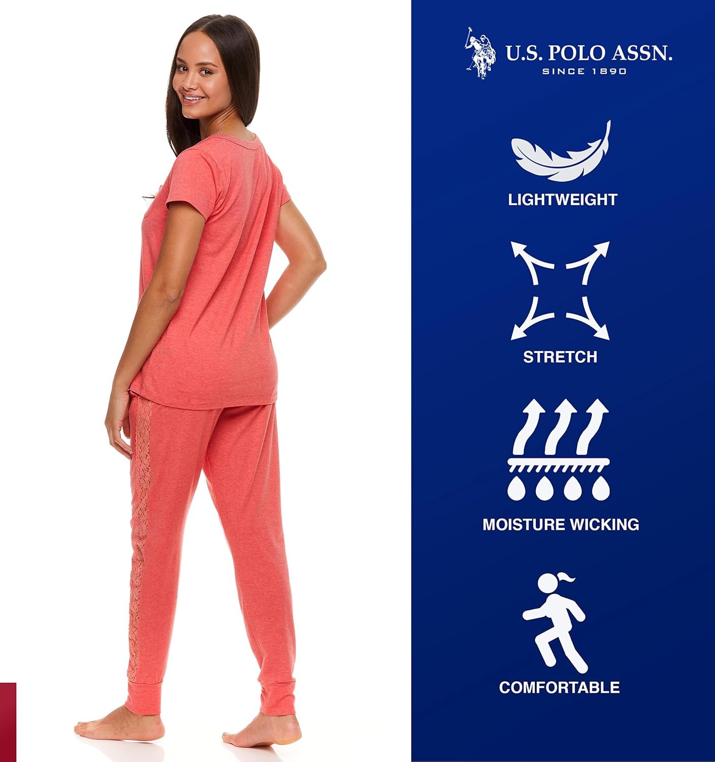 image:imageUS POLO ASSN Cotton Pajamas for Women Set Short Sleeve Henley Top and Jogger PantsGeorgia Peach Heather