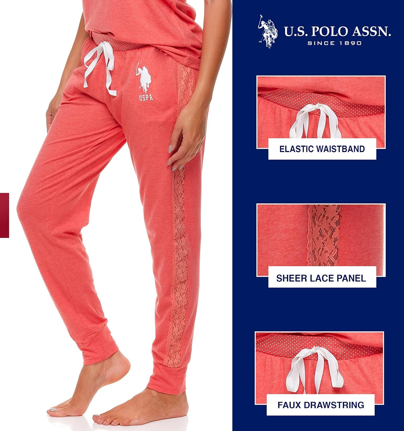image:imageUS POLO ASSN Cotton Pajamas for Women Set Short Sleeve Henley Top and Jogger PantsGeorgia Peach Heather