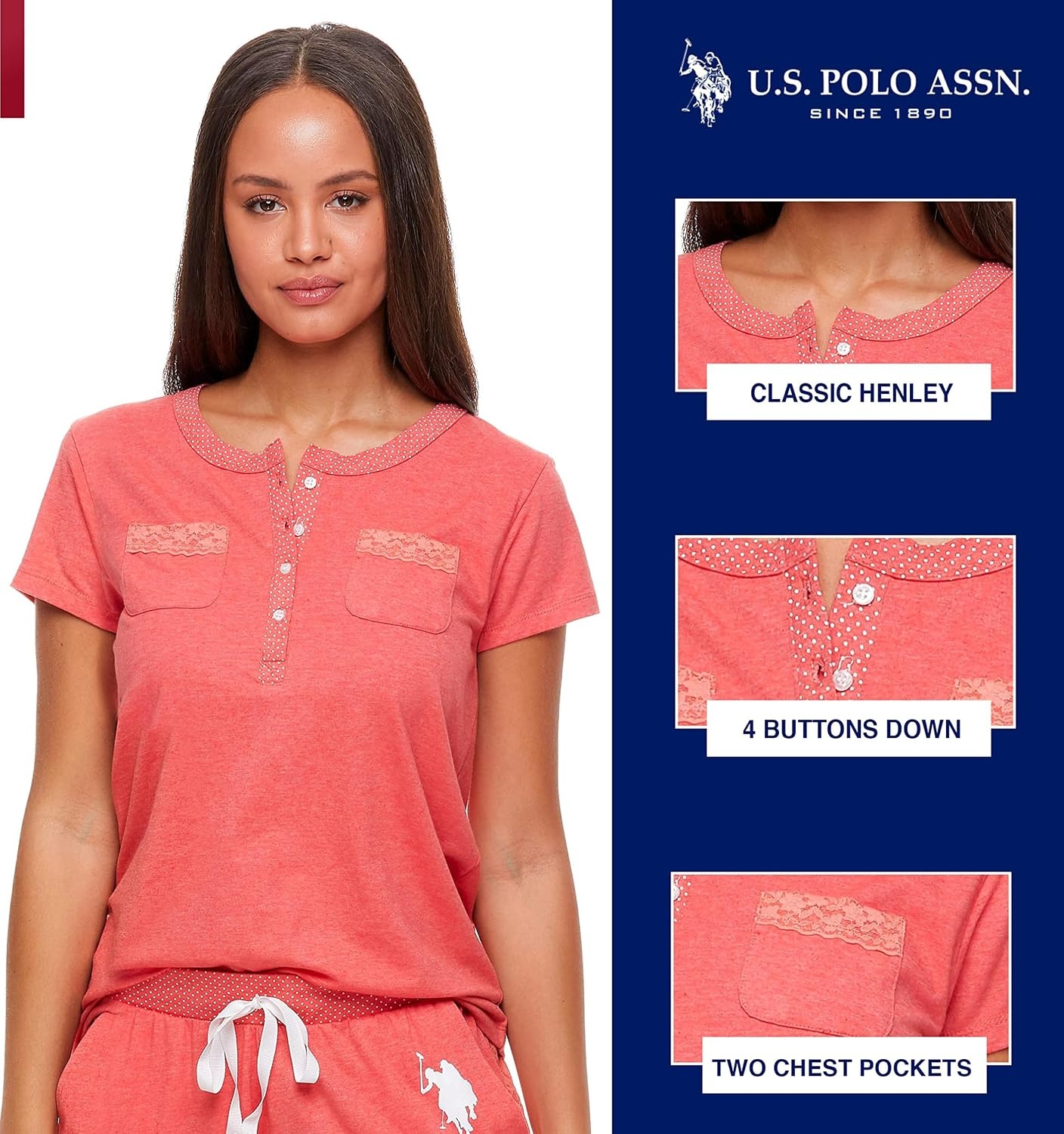 image:imageUS POLO ASSN Cotton Pajamas for Women Set Short Sleeve Henley Top and Jogger PantsGeorgia Peach Heather