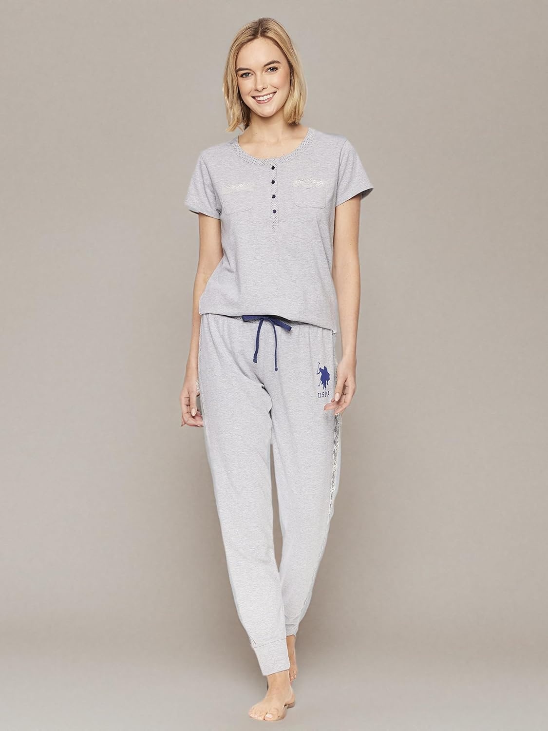 image:imageUS POLO ASSN Cotton Pajamas for Women Set Short Sleeve Henley Top and Jogger PantsHeather Gray2