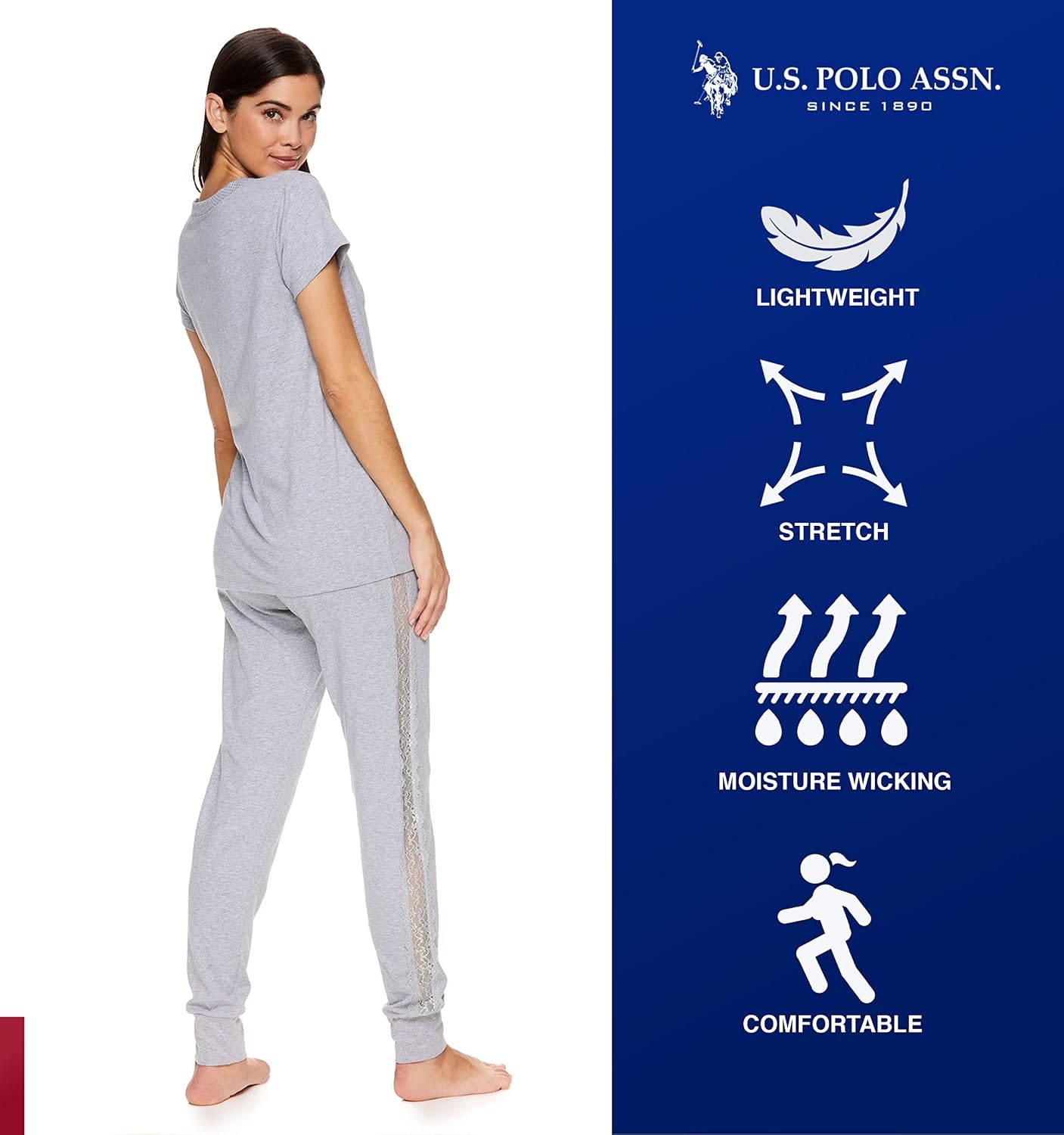image:imageUS POLO ASSN Cotton Pajamas for Women Set Short Sleeve Henley Top and Jogger PantsHeather Gray2