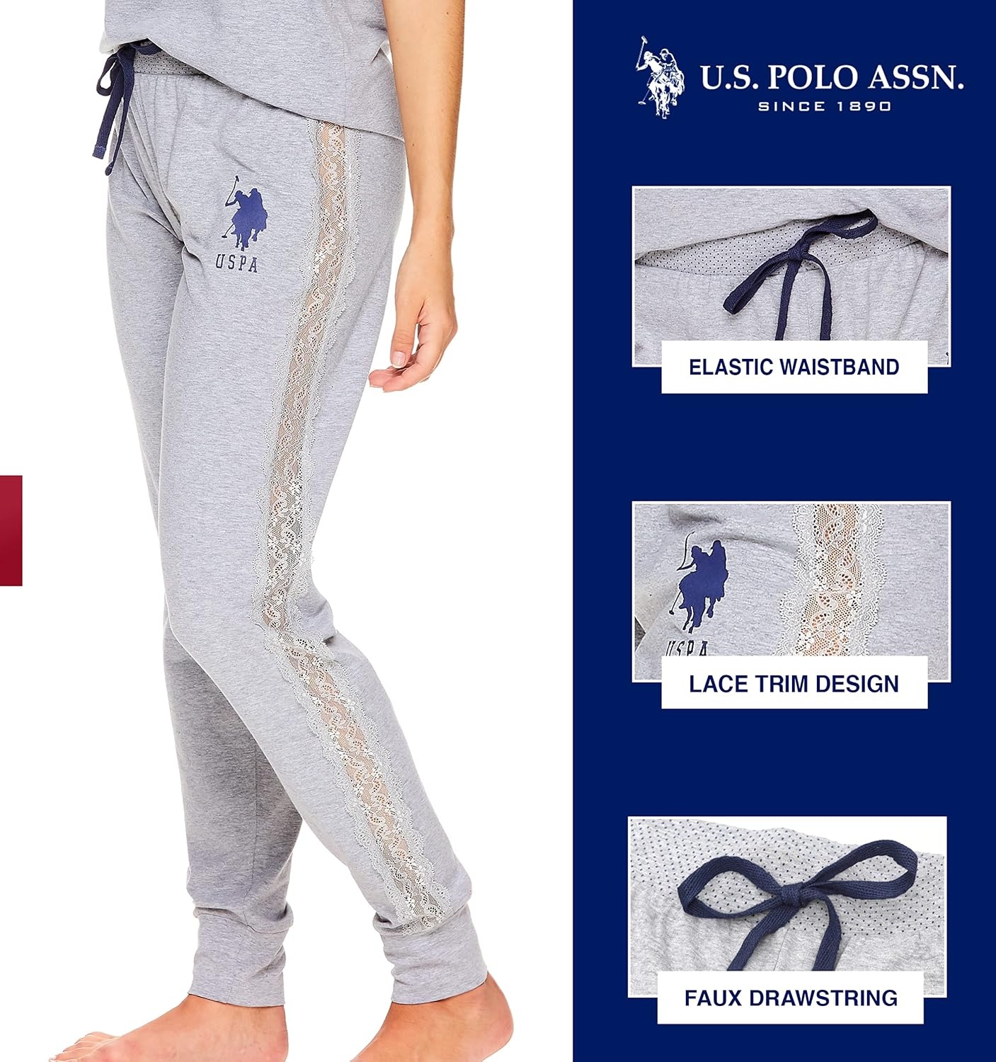 image:imageUS POLO ASSN Cotton Pajamas for Women Set Short Sleeve Henley Top and Jogger PantsHeather Gray2
