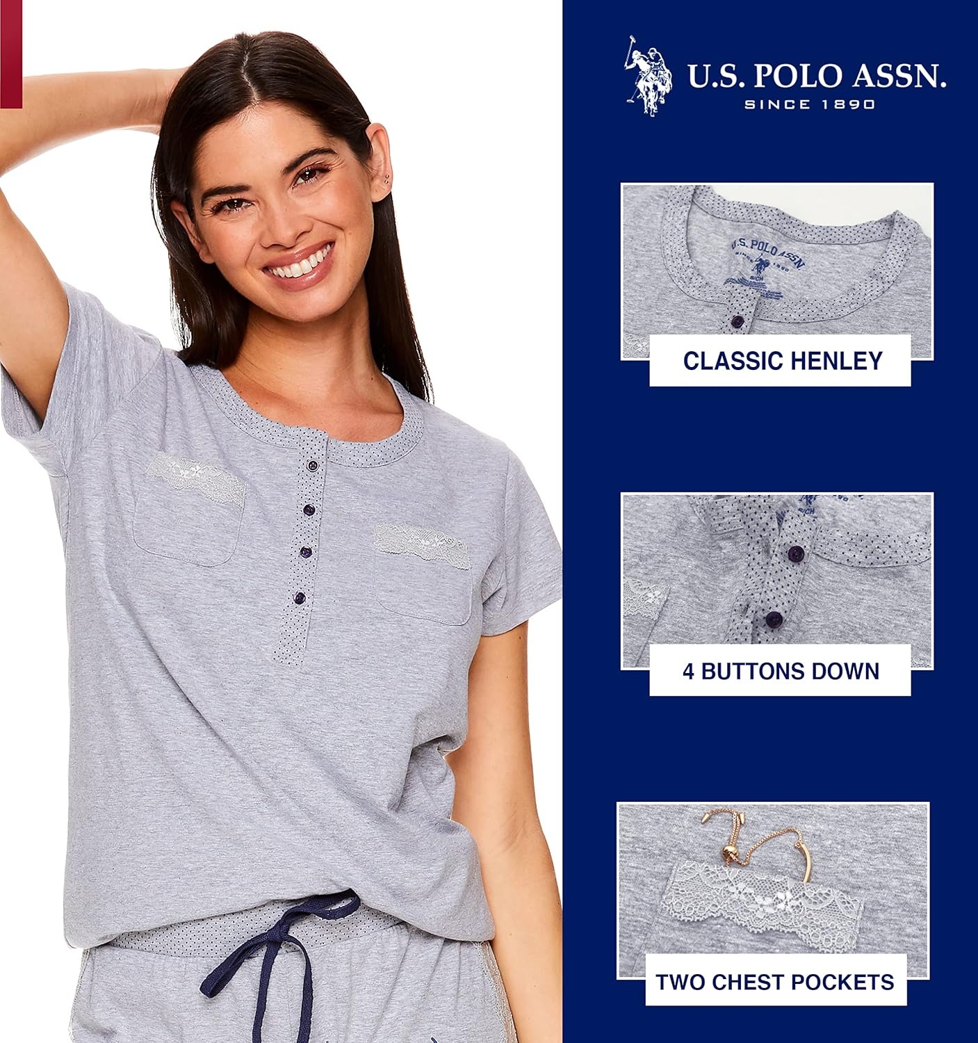 image:imageUS POLO ASSN Cotton Pajamas for Women Set Short Sleeve Henley Top and Jogger PantsHeather Gray2