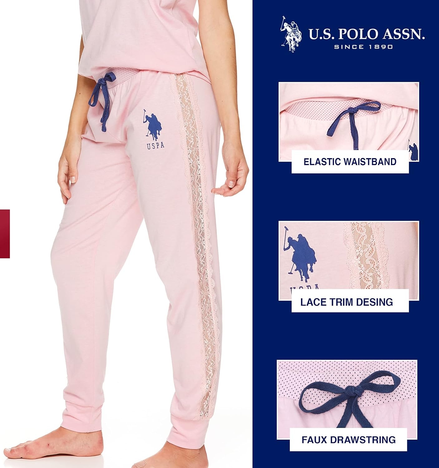 image:imageUS POLO ASSN Cotton Pajamas for Women Set Short Sleeve Henley Top and Jogger PantsLight Pink Heather2